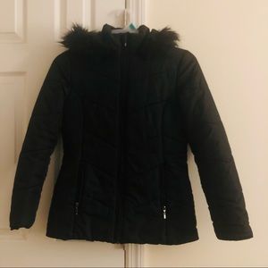 Black winter coat with fur hood